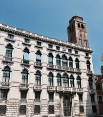 Fototapeta na wymiar Venetian building with striped curtains (Venice, Italy)