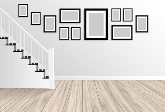 wood terrace, staircase with white wall and photo frame