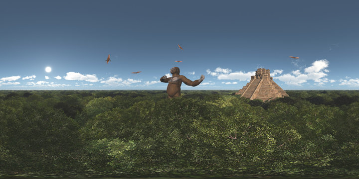 Spherical 360 degrees seamless panorama with giant gorilla, pterosaur Pterodactylus and Mayan temple