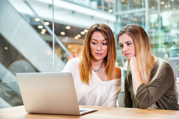 Two business woman with laptop in open space office, teamworking concept
