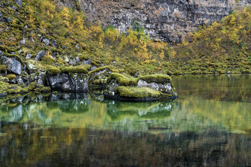 Fototapeta na wymiar Botnstjörn See im Herbst, Asbyrgi, Island