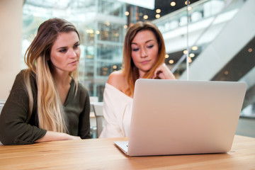 Two business woman with laptop in open space office, teamworking concept