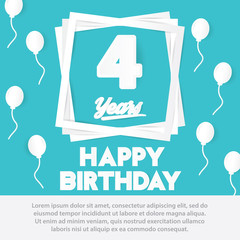 4 th birthday celebration greeting card paper art style design, birthday invitation poster background with balloons. four anniversary celebrations blue color © rawstudios