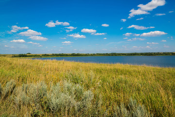 landscape with lake in central Russia in August. Front focus