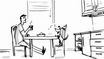 Man taking breakfast in the kitchen Vector sketch for storyboard, cartoon, projects