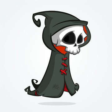 Cute cartoon grim reaper isolated on white. Cute Halloween skeleton death character icon