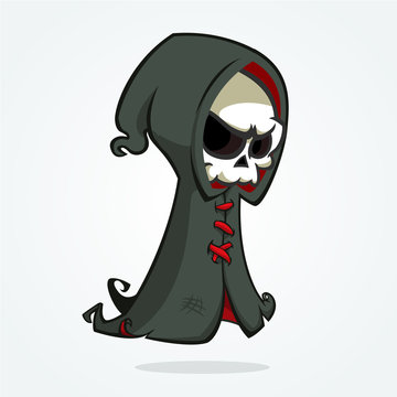 Cute cartoon grim reaper isolated on white. Cute Halloween skeleton death character icon