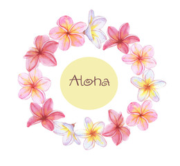 Hand-drawn cute wreath with plumeria flowers illustration in vintage watercolor style. Exotic floral design. Hawaiian blossom