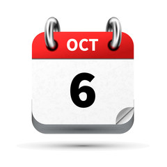Bright realistic icon of calendar with 6 october date isolated on white