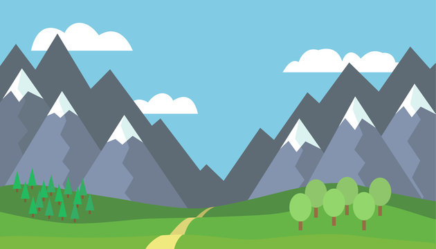 Panoramic cartoon mountain landscape with blue sky, white clouds, trees, snow on the peaks, hills and through the mountains - vector illustration, flat design