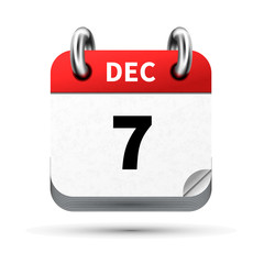 Bright realistic icon of calendar with 7 december date isolated on white