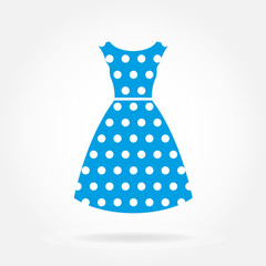 Dress icon. Women's blue dress in polka dot. Vector illustration.