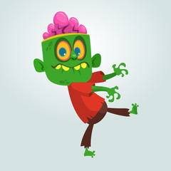 Vector cartoon image of a funny green zombie with big head in brown pants and red t-shirt walking to the right and smiling on a light gray background. Vector illustration.