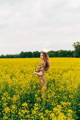Fototapeta premium Beautiful girl in a dress among yellow flowers in a field