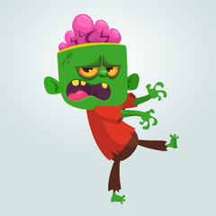 Vector cartoon image of a funny green zombie with big head in brown pants and red t-shirt walking to the right and smiling on a light gray background. Vector illustration.