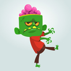 Vector cartoon image of a funny green zombie with big head in brown pants and red t-shirt walking to the right and smiling on a light gray background.  Vector illustration.