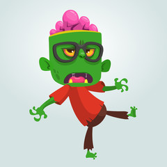 Cartoon zombie nerd with glasses. Halloween vector illustration of funny cool zombie isolated on white