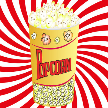 Picture of a popcorn in a paper cup on a striped background