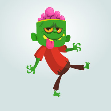 Vector cartoon image of a funny green zombie with big head in brown pants and red t-shirt walking to the right and smiling on a light gray background. Vector illustration.