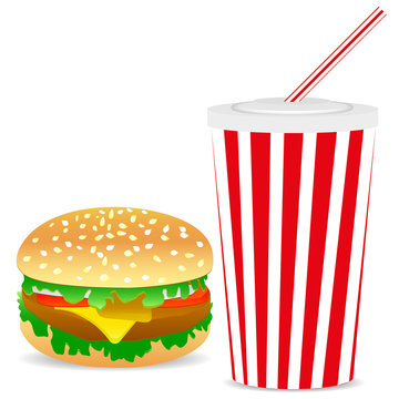 Picture of a burger and a paper striped drink cup