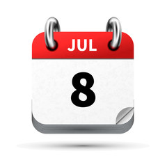 Bright realistic icon of calendar with 8 july date isolated on white