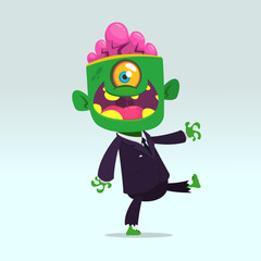 Vector cartoon funny green zombie with big head business suit isolated on a light gray background. Halloween vector illustration.