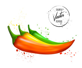 Red, green and yellow chili peppers. Vegetables with splashes and drops of on white background. Vector illustration