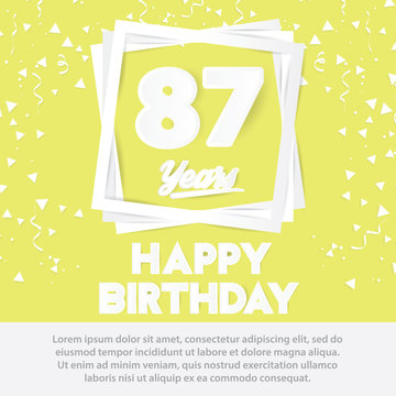 87 th birthday celebration greeting card paper art style design, birthday invitation poster background with confetti. eighty seven anniversary celebrations yellow color