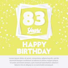 83 rd birthday celebration greeting card paper art style design, birthday invitation poster background with confetti. eighty three anniversary celebrations yellow color