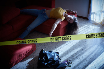 Crime scene simulation. Body of the dead college girl