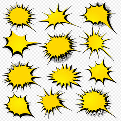 Collection of templates speech bubbles in pop art style. Elements of design comic books. Set of yellow starburst with place for text. Colored vector stickers.