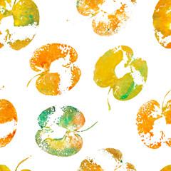 Green-orange halved apples painted watercolor, textured prints. Summer seamless pattern with imprints of apples. Handmade stamp fruits. Vector background