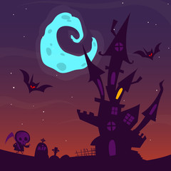 Spooky old ghost house. Halloween cartoon background. Vector illustration