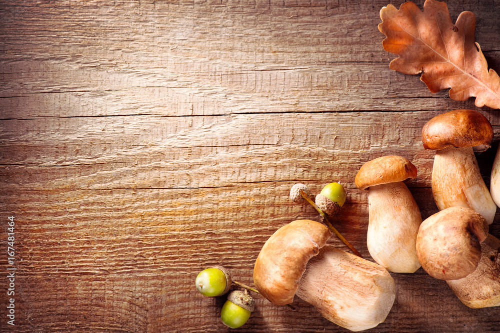 Aufkleber ceps mushroom. boletus border design on wooden rustic table