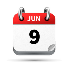 Bright realistic icon of calendar with 9 june date isolated on white