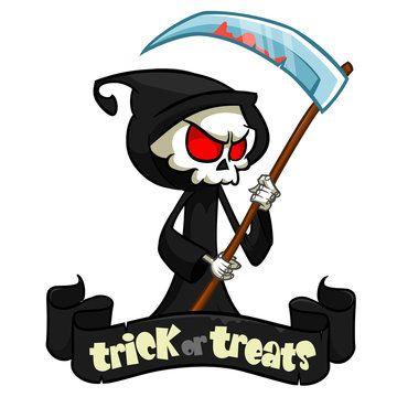 Cute cartoon grim reaper with scythe isolated on white. Vector illustration with a ribbon and title trick or treats