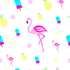 seamless tileable texture with flamingo, ice cream, pineapple and polka dots