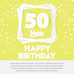 50 th birthday celebration greeting card paper art style design, birthday invitation poster background with confetti. fifty anniversary celebrations yellow color