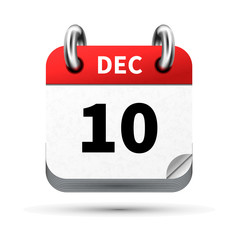 Bright realistic icon of calendar with 10 december date isolated on white