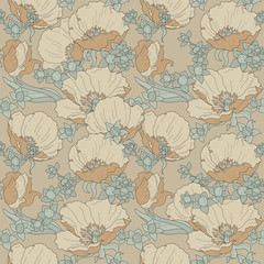 seamless floral ornament with poppies and buds in cream, beige and celadon color on beige background