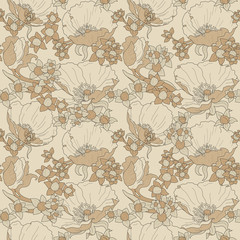 seamless floral ornament with poppies and buds in cream and beige color