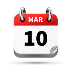Bright realistic icon of calendar with 10 march date isolated on white