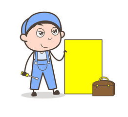 Cartoon Repairman with Advertisement Board Vector Illustration