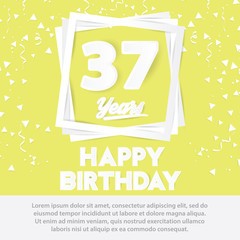 37 th birthday celebration greeting card paper art style design, birthday invitation poster background with confetti. thirty seven anniversary celebrations yellow color