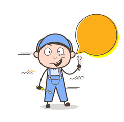 Cartoon Service Boy with Tools and Speech Bubble Vector Illustration