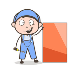 Cartoon Worker with Blank Billboard Vector Illustration