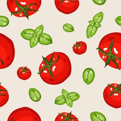 Seamless pattern with tomatoes and basil leaves