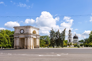 Arch of triumph, stefan cel mare street in the chisinau downtown, blue sky and clouds, national...