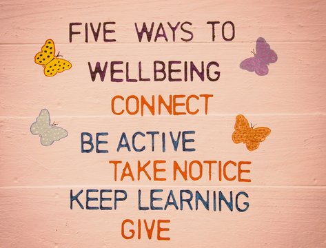 Five Ways To Well-being On Pink Wood Panel Background