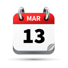 Bright realistic icon of calendar with 13 march date isolated on white